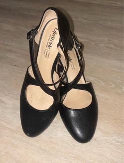 “Lifestride” black faux leather ballet pumps with buckle detail, size 6