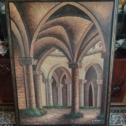 HUGE Cathedral Church Painting Signed P. Steward 39" x 51" 