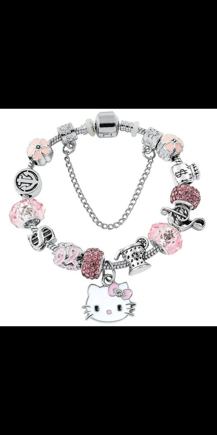 Hello Kitty Rhinestone Crystal, Enamel, Bead Valentines Day bling bracelet Sanrio Pink Pandora Style