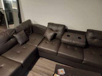 Dark Brown Leather Sectional Sofa with Cup Holders