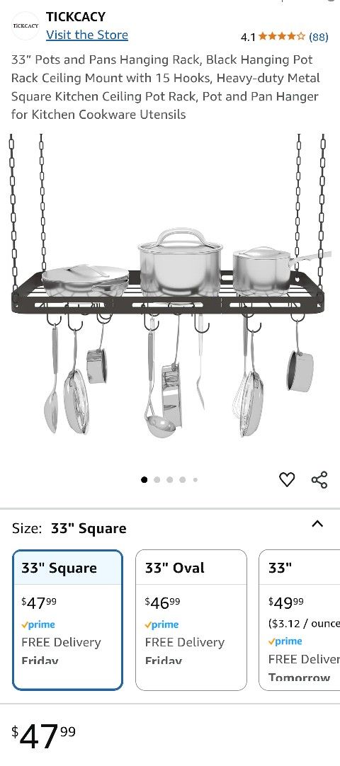 TICKCACY 33” Pots and Pans Hanging Rack, Black Hanging Pot Rack Ceiling Mount with 15 Hooks, Heavy-duty Metal Square Kitchen Ceiling Pot Rack, Pot and