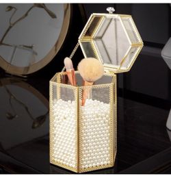 Makeup Brush Holder with Lid,Clear Glass Makeup Brush Organizer Gold Makeup Brush Holder with Free White Pearls