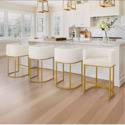 Set of 4 Counter Height Bar Stools Gold Metal Frames, Linen Fabric Upholstered Accent Barstools for