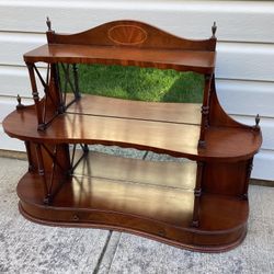 1920s Mahogany Hanging Wall Shelf 3 Tiered Mirror Curio Display Case Drawer Brass Finials
