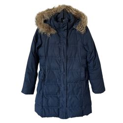 GAP Down Feather Winter Coat Jacket Fur Hooded Navy Blue Men's Size XS/Women M
