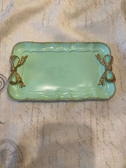 Resin mint green & gold bow trinket dish. Resin. Felt back. 7 x 4.5 inches. Cottage / glam decor.