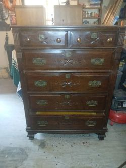 Antique Dresser 5 Drawers Locks (164 ANT) relief-carved floral motifs and origin
