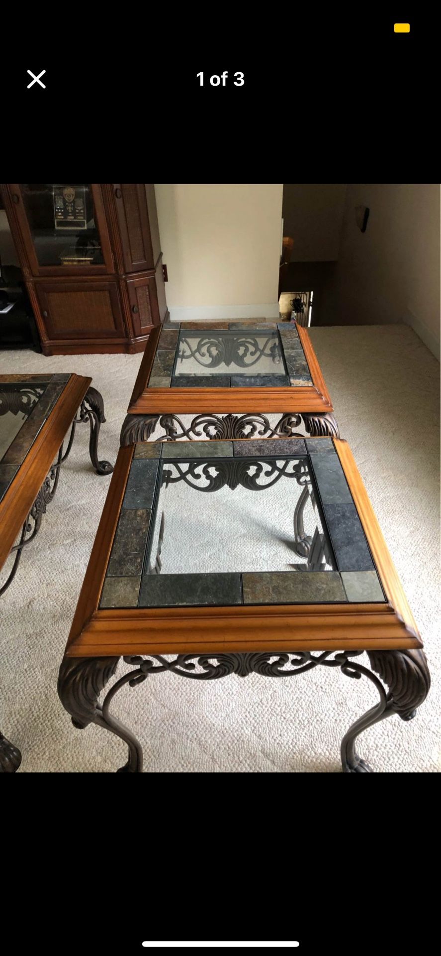 Wrought iron, stone and glass tables. Beautiful condition.