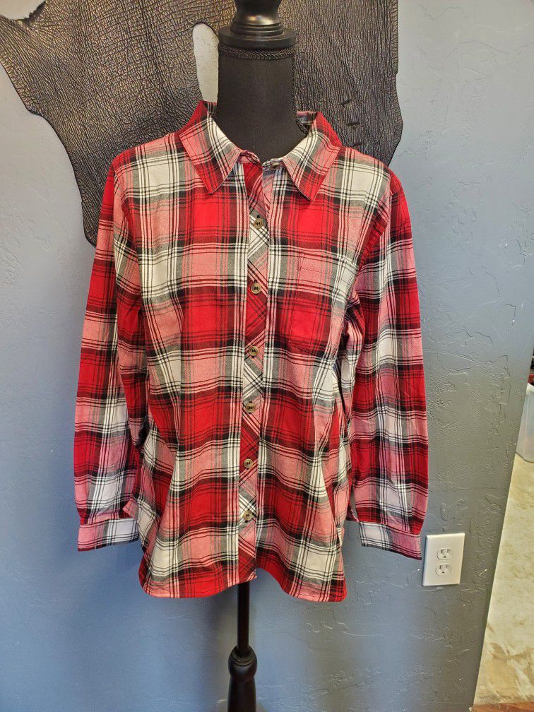 Christopher & Banks Long Sleeve Button Down Women's Red/ White Plaid Top Size: L