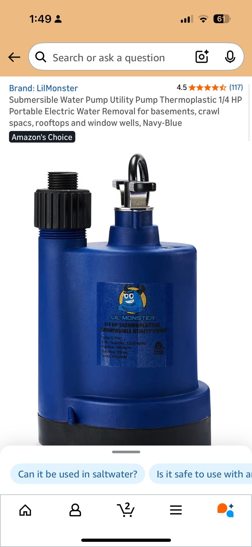 Submersible Water Pump Utility Pump Thermoplastic 1/4 HP Portable Electric Water Removal for basemen