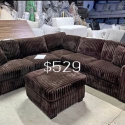 Gorgeous‼️ 4-pc Sectional With Ottoman Chocolate Fur-like Jumbo Corduroy 