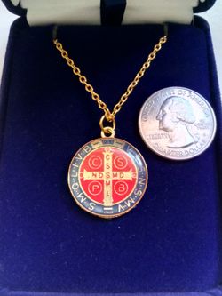St Benedict Gold Plated Medal on either an 18in or 24in Gold Plated Chain. Religious jewelry.