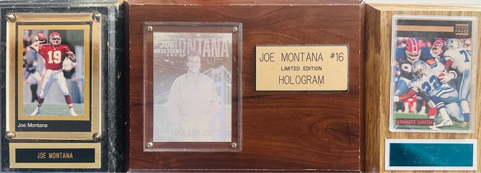 Vintage NFL Collector Plaque LOT - Joe Montana (Chiefs & 49ers Hologram) & Emmitt Smith Cowboys