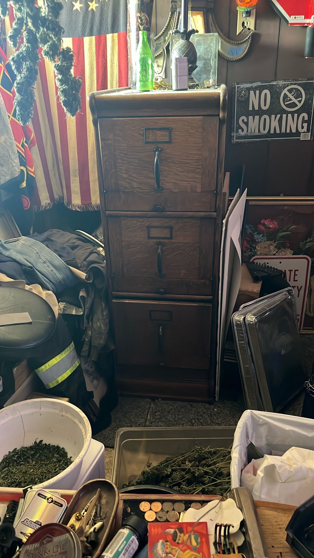 1940 Wooden filing cabinet still has cloth on the inside