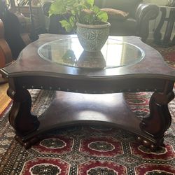 2 Glass Top And Wood Side Tables With Matching Coffee Table 