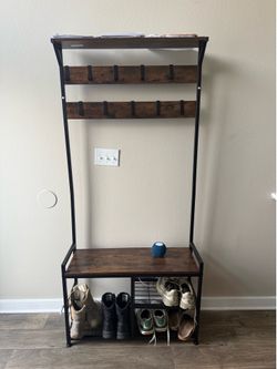 Wood Metal Hall Tree Coat Rack Shoe Bench