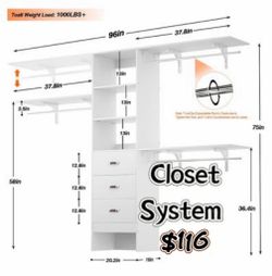 8FT Closet System, 96'' Closet Organizer System with 3 Hanging Rods, Wall Mount Bedroom Wardrobe with 3 Drawers Walk-in Closet, Adjustable Cloth Garme