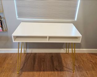 White Desk with Gold Hairpin Legs