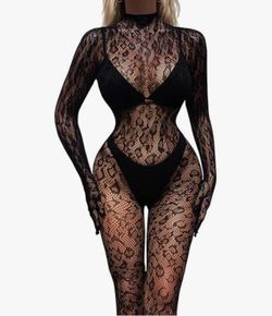 Women's High Neck Snake Lace Body Stocking Bodysuit, Leopard Print Stretchy Sheer Mesh Fishnet Jumpsuit for Night Out