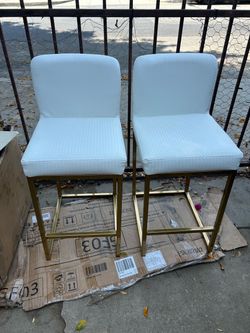 24" Modern Upholstered Kitchen Counter Stool with Gold Metal Sled Base & Off-White Woven Faux Leather
