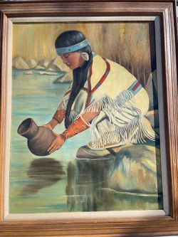 Framed Native American Woman Oil Painting