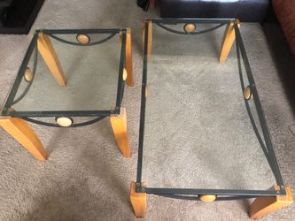 Glass Top Coffee Table with Matching Side Table Wood and Metal Base