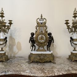 Antique Clock And Candelabra Set