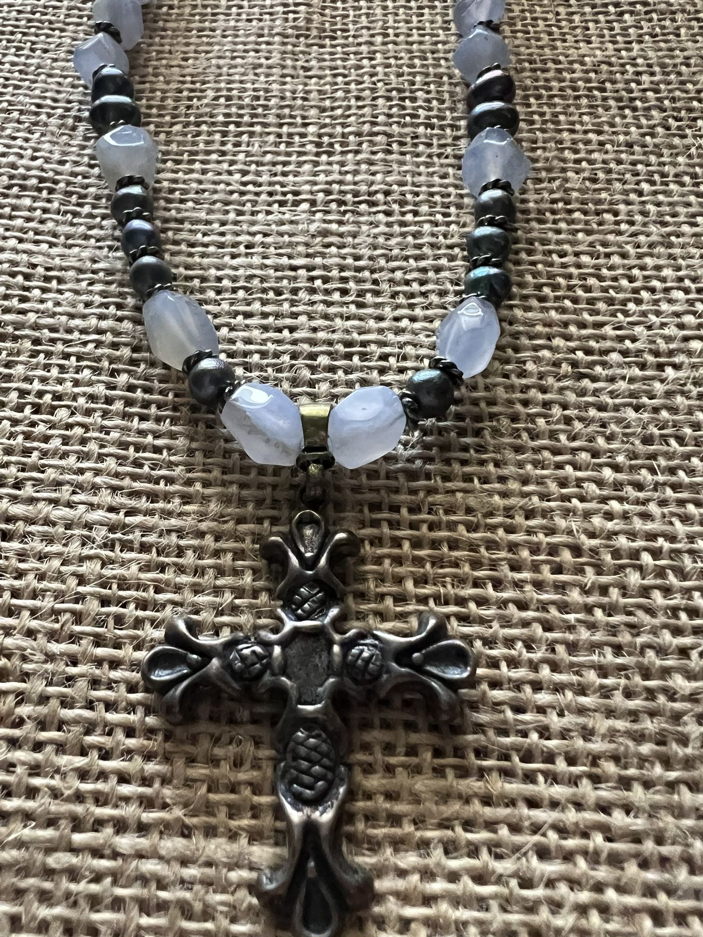 Handmade Beaded Sterling Cross Pendant 15 Inch Necklace With Agate And Gray/Blue Pearls