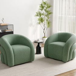 Boucle Swivel Accent Chair, Round Barrel Armchair, Small, Green, Set of 2