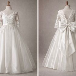 Formal Girls Satin & Lace Long Sleeve Dress with Bow – Size 12