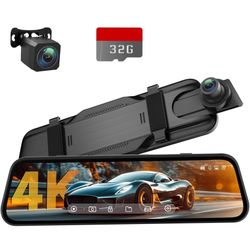 4K Rear View Mirror Camera, 10'' 4K Mirror Dash Cam with 1080P Backup Camera, Dash Cam Front and Rear for Car with Voice Control, 24H Parking Mode, Ni