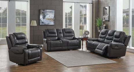 Leather Power^2 Sofa+Loveseat+Recliner Grey - $2,877