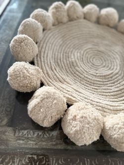 Four - 12” Round Boho Throw Pillow Cover Hand-Tufted Cotton with Chunky Pom Poms