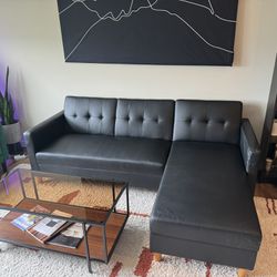 Faux Leather Black Sectional Couch Bed
