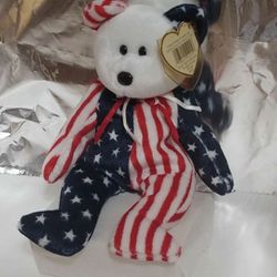 Spangle the Bear, white face TY Beanie Baby, Independence Day/4th of July, 1999