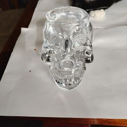 Pottery Barn Heavy  Glass Clear Skull Candle Holder 