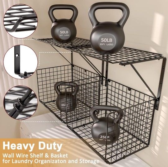 3IngSeagulls 2 Pack Laundry Room Shelves, Wire Baskets with 8 Hooks, Over Washer and Dryer Shelf, Wall Mounted Storage and Clothes Drying Rack, Black