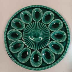 Vintage Portugese Majolica secla devilled egg serving platter/dish. Studio pottery egg tray in ocean blue. Cottage core. Granny Core