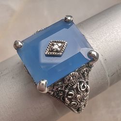 Vintage Blue Camphor Glass  Genuine Diamond Sterling Silver Engagement Ring Sz7