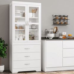 66.5'' TALL KITCHEN PANTRY CABINET, STORAGE CABINET WITH 3 DRAWERS AND 2 DOORS, WHITE