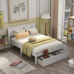 Modern Full Size Platform Bed for Kids,with Decor Headboard,Spacious Under-Bed Storage Drawer,Solid Wood Frame and Slat,White