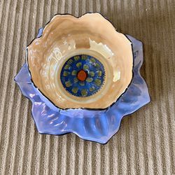 Japanese Hand Painted Lusterware Lotus Bowl And Saucer