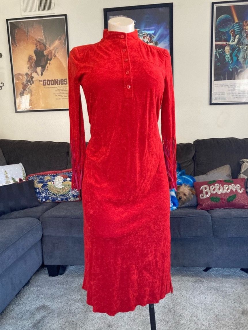 70s/80s Red Terry Cloth Button Up Shirtwaist Dress W/Fringe Sleeves - S/M