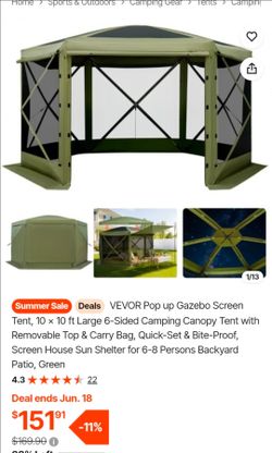 VEVOR Pop up Gazebo Screen Tent, 10 x 10 ft Large 6-Sided Camping Canopy Tent with Removable Top & Carry Bag, Quick-Set & Bite-Proof, Screen House Sun