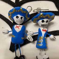 Handmade In Oaxaca Day Of The Dead - Dia De Muerto Sugar Skull Mariachi Couple Earring Set
