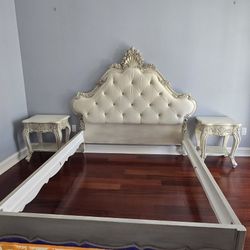 Elegant Vintage-Style Queen Bed Frame Set – Tufted Headboard + Matching Nightstands