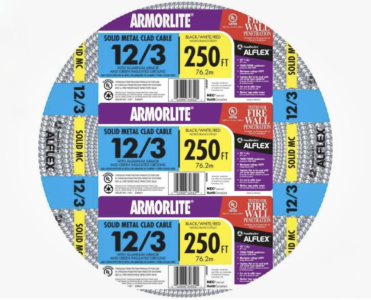 Southwire Armorlite (Metal Clad) Cable 12/3 x 250' Solid Copper Aluminum-Armor