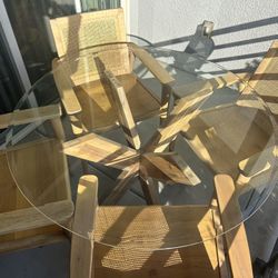 ✨ Modern Boho Dining Set – Acacia Wood & Glass Table + 4 Cane Back Chairs ✨