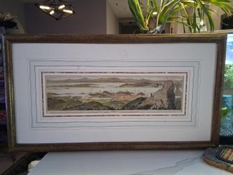 Decorative panoramic artwork depicting a historic view of Rio de Janeiro, Brazil, as seen from the heights of Corcovado Mountain. Features detailed il
