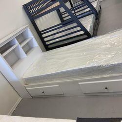 Brand New White Twin bed With Drawers  And Bookshelf . Different  Colors Available 